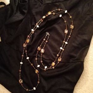 50" beaded necklace bronze white and gold tones